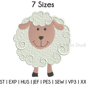 May include: A white sheep with a pink face and black eyes. The sheep has a curly white fleece and is standing on four legs. The image is labelled "7 Sizes" and includes the file formats "DST | EXP | HUS | JEF | PES | SEW | VP3 | XXX".
