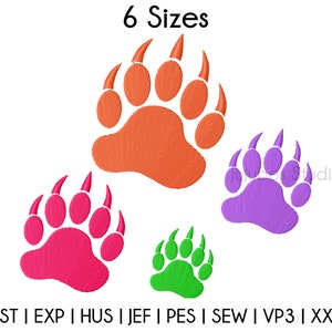 May include: Six different sizes of bear paw prints in orange, pink, purple, and green. The paw prints are outlined in black and have claws. The text "6 Sizes" is at the top of the image. The text "DST | EXP | HUS | JEF | PES | SEW | VP3 | XXX" is at the bottom of the image.
