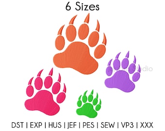 Puede incluir: Seis tamaños diferentes de huellas de patas de oso en naranja, rosa, morado y verde. Las huellas de patas están delineadas en negro y tienen garras. El texto "6 Sizes" está en la parte superior de la imagen. El texto "DST | EXP | HUS | JEF | PES | SEW | VP3 | XXX" está en la parte inferior de la imagen.