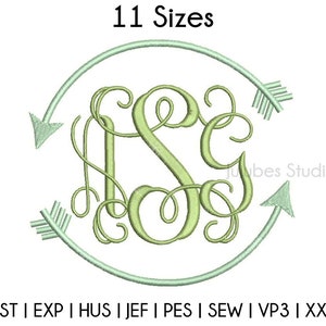Puede incluir: Un monograma verde con las letras "S E" en un círculo con flechas apuntando en direcciones opuestas. El texto "11 Sizes" está por encima del monograma. El texto "DST | EXP | HUS | JEF | PES | SEW | VP3 | XXX" está debajo del monograma.