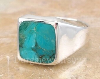 Solid 925 Sterling Silver High Polish Men's Boho Turquoise Ring, Engagement Ring Turquoise Stone Ring, Real Feroza Stone Ring, Navajo Ring