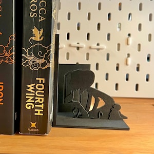 K&ouml;nnte beinhalten: Schwarze Metall-Buchst&uuml;tzen mit einer Silhouette einer lesenden Person. Die Buchst&uuml;tzen halten ein Buch mit dem Titel "Fourth Wing" von Rebecca Yarros. Der Hintergrund ist eine wei&szlig;e Lochwand.