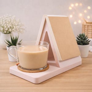May include: A clear glass mug filled with a light brown beverage sits on a cork coaster. The coaster rests on a pink, angled stand that supports a stack of brown paper. Decorative plants and a basket are in the background.