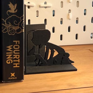 May include: Black silhouette bookend featuring a person with two dogs and a cat. The bookend is on a wooden surface, with a book on the left side. The book has gold lettering and the title "Fourth Wing".