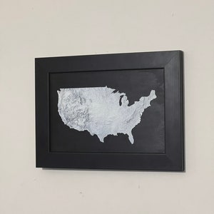 Carte en relief des États-Unis, topographique des États-Unis d'Amérique, impression 3D, oeuvre d'art tactile en trois dimensions, encadrée, carte du relief, Amérique du Nord