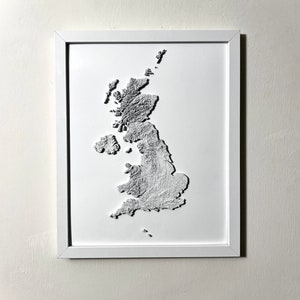 Carte en relief 3D du Royaume-Uni, topographie du Royaume-Uni, oeuvre d'art tactile en trois dimensions, encadrée, impression 3D du terrain Îles britanniques, Angleterre
