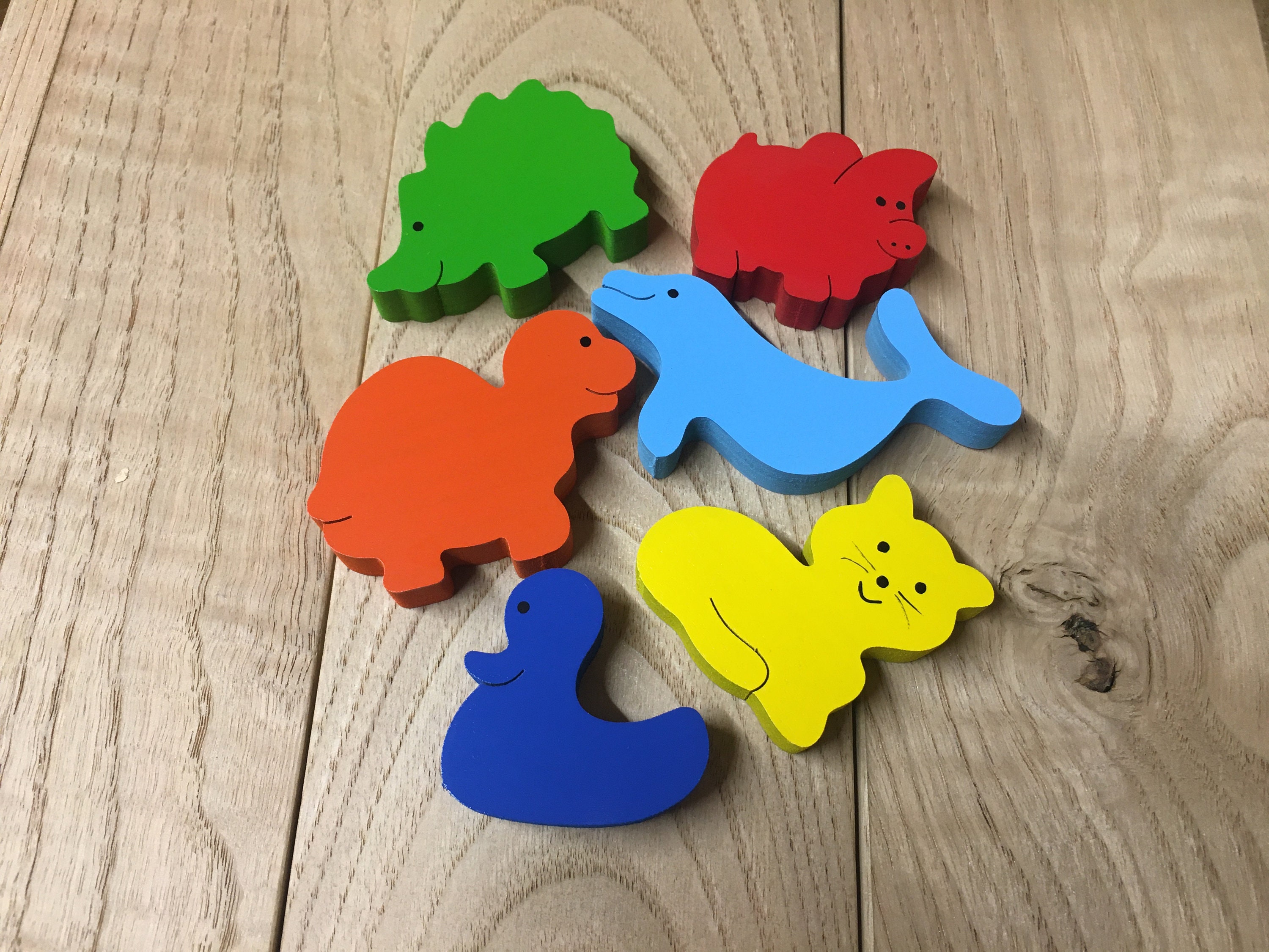 Magnets en Bois 6 Animaux, Tortue, Dauphin, Chat, Hérisson, Cochon, Canard, Ils Mettront de La Coule
