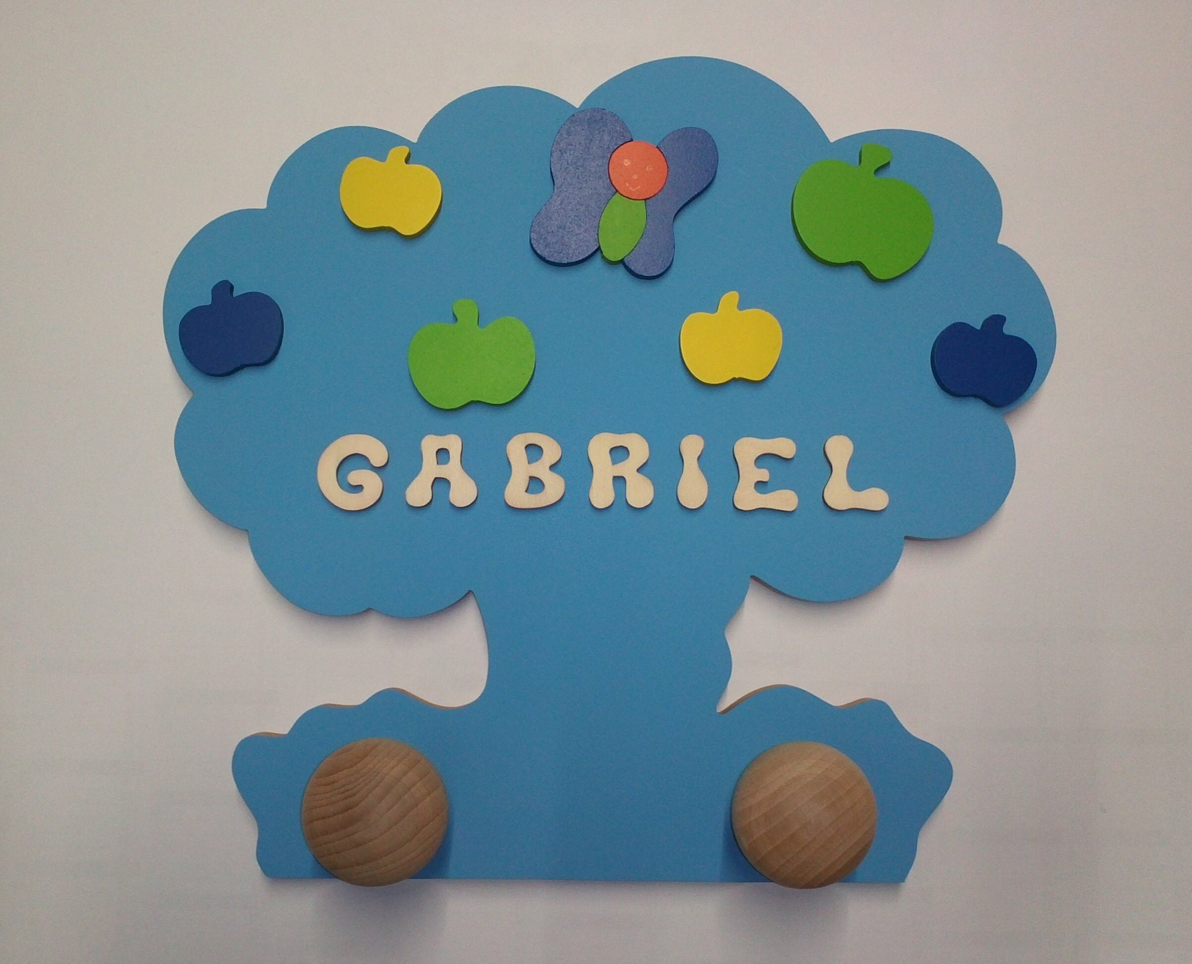 Porte Manteau Enfant en Bois Personnalisable Bleu Clair, Arbre Motifs Fleurs et Papillon Pour Décore