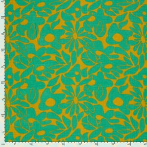 May include: A fabric featuring a repeating floral pattern in teal and mustard yellow. A metric ruler is visible along the left and bottom edges, indicating a scale of 45 centimeters in length and width for the visible portion of the textile.