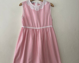 Vintage 80s Pink White Striped Seersucker Girls Dress 6x