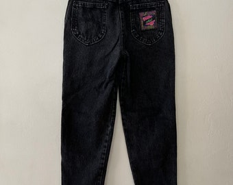 Vintage 80er Jahre Mädchen Schwarze High Waisted Baggy Tapered Jeans, 8 Jahre, fällt aber kleiner aus