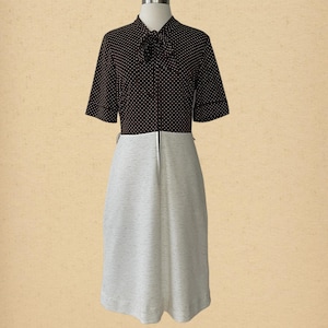 May include: A vintage-style dress with a brown polka-dot bodice and a light gray skirt. The dress features short sleeves, a tie-neck collar, and a front zipper. The dress is displayed on a mannequin.
