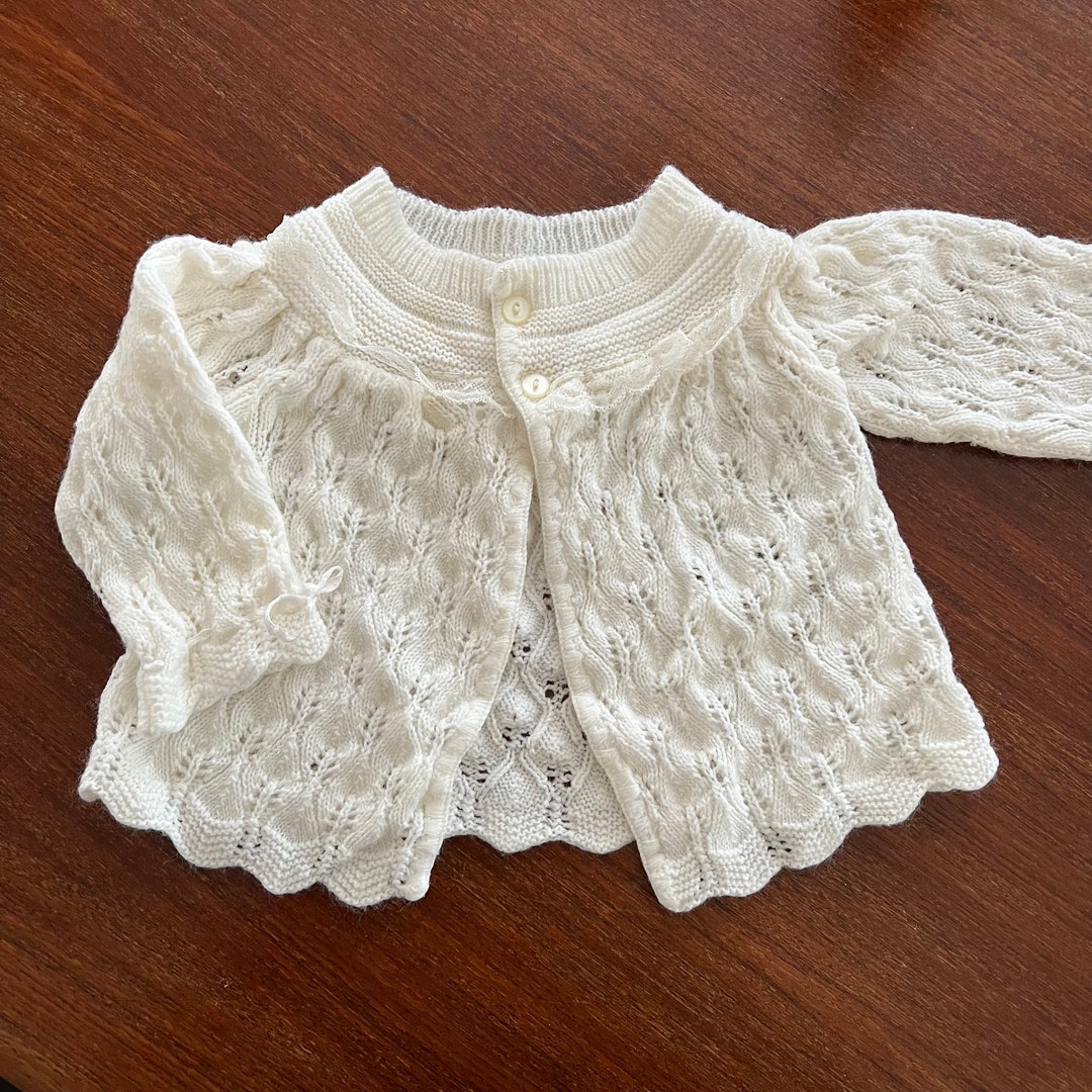 Vintage Baby Girls White Knit Cardigan Sweater 612 Months Etsy