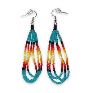 Western America Native Inspired Seed Bead 3 Stranded Dangle Loop Earrings
