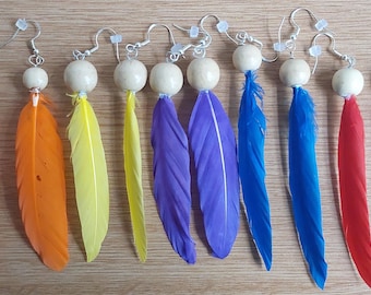 Boho Feather Earrings: 925 Silver Hooks, Wooden Beads