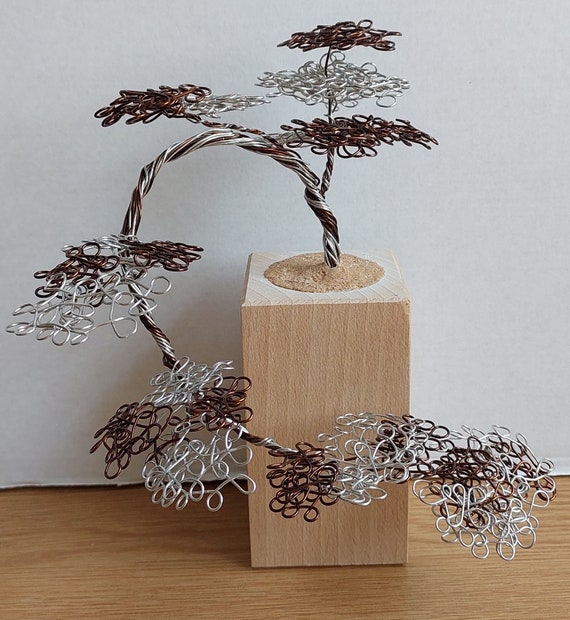 Wire Bonsai Tree Sculpture: Handmade Metal Art, Wood Base