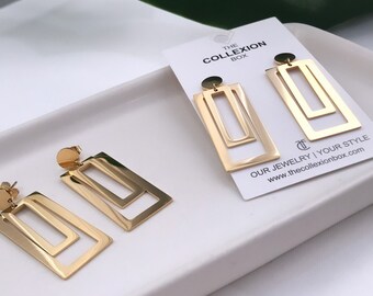 Womens Stainless Trendy Earrings Gold Rectangle Earrings Minimalist Dangle Earrings Gold Long Earrings Rectangle Gold Geometric Earrings