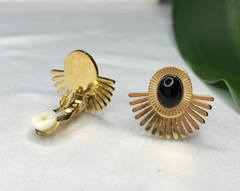 Black Stone Sun Clip On Earrings| 18K Gold Filled Sunflower Earrings| Minimalist Sunburst ClipOn Earrings|  Natural Stone Clip on Earrings