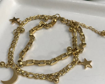 18K Gold Celestial Bracelet | Gold Filled Paperclip Bracelet | Star Moon Layering Bracelet | Starburst Stacking Bracelet| Gold Moon Bracelet