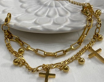 Gold Double Chain Cross Bracelet: Stainless Steel Charm Bracelet