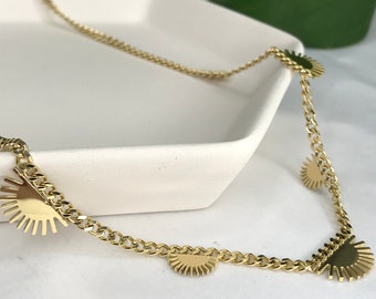 Gold Filled Sun Choker Necklace: Stainless Steel Cuban Chain
