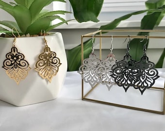 Gold Plated Filigree Dangle Earrings: Stainless Steel Moroccan Boho Earrings