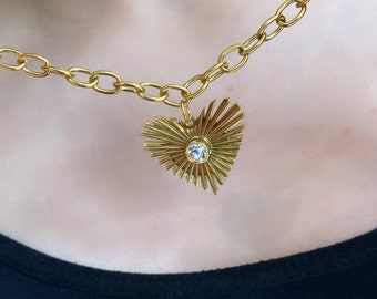18K Gold Heart Sunburst Necklace: CZ Stainless Steel
