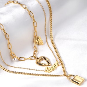 Gold Queen Name Necklace with Cuban Chain | Perfect Gift for Her | Heart Necklace in Paper Clip Chain | Padlock Necklace in Dainty Chain