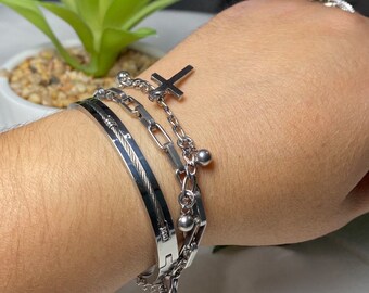 Stainless Steel Cross Bracelet: Paperclip Chain, Figaro Layered Charm