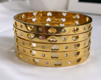 18K Gold Plated Heart Bangle: CZ Accent Stainless Steel