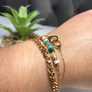 Malachite Natural Gemstone Beaded Bracelet | Triple Layer Chain Bracelet | Cuban Chain Bracelet | Stainless Steel Minimalist Stack Bracelet
