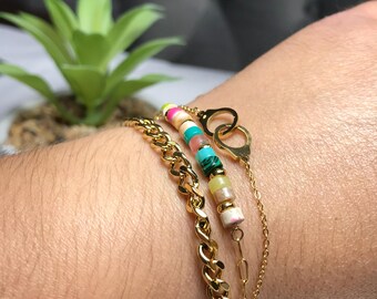 Malachite Beaded Bracelet: Gold Cuban Chain, Stainless Steel Layered Cuff