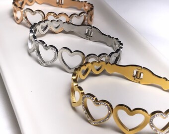 18k Gold Filled Heart Bangle Bracelet: Stainless Steel Cutout Design