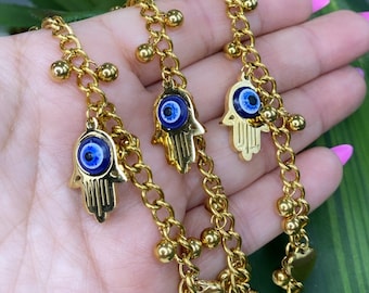 18K Gold Hamsa Evil Eye Bracelet: Stainless Steel Protection Jewelry