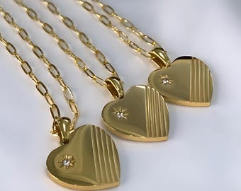 18kt Gold Plated Heart Necklace: CZ Sunburst Star Pendant