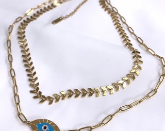 18K Gold Enamel Evil Eye Necklace: Stainless Steel Protection Jewelry