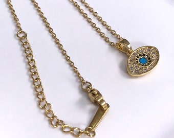18K Gold Evil Eye Necklace: Dainty CZ Pendant, Adjustable Chain