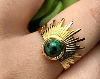 Malachite Ring: Stainless Steel Sunburst, Healing Stone