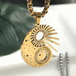 Gold Yin Yang Necklace: Stainless Steel Sun and Moon Pendant