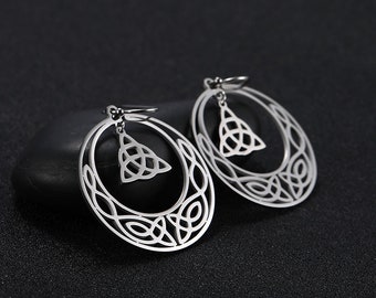 Stainless Steel Celtic Knot Earrings: Gothic Wiccan Dangle Drop