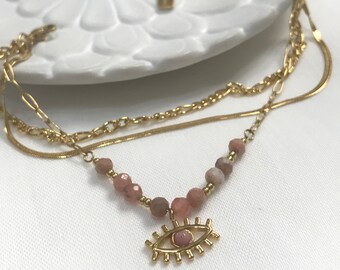 18K Gold Evil Eye Bracelet: Rhodochrosite Stainless Steel Stacking Bracelet