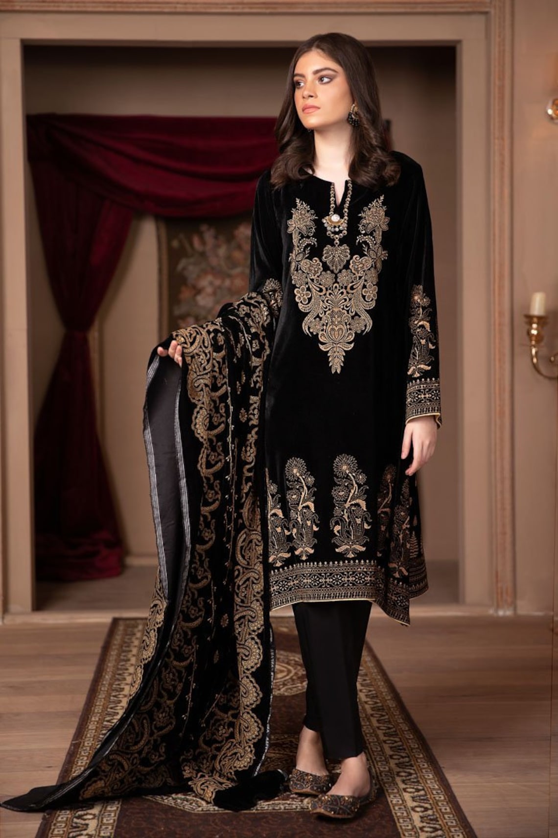Indian Lucknow and Pakistani Velvet Suit Stitched 3 Piece Etsy