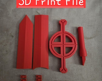 Op de afbeelding: Rode 3D-geprinte componenten, waaronder een zwaardblad, handvat en kruisvormig embleem. De tekst "3D Print File" wordt weergegeven in een rode banner boven de componenten.