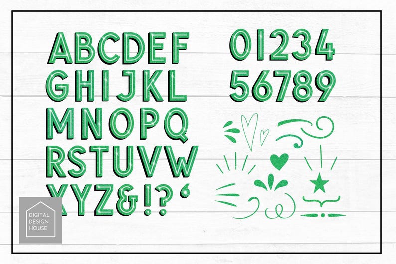 GREEN Glitter GLAM ALPHA Letters A to Z, Numbers and Flourishes for