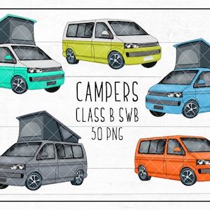 Puede incluir: Cinco ilustraciones de autocaravanas en diferentes colores, incluyendo turquesa, amarillo, azul, gris y naranja. Cada autocaravana tiene un techo emergente y está etiquetada como "Campers Class B SWB 50 PNG".