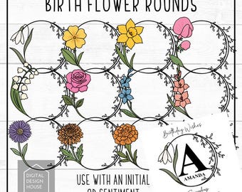 Set of 12 BIRTH FLOWER Rounds Clipart PNGS Instant Download for Sublimation and Print