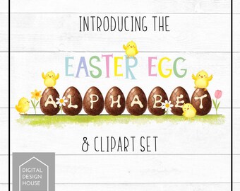 Chocolate Egg Alphabet PNG Set | Easter Alphabet Letters A–Z | Cute Chicks & Flowers Clipart | Easter Name Designs | Sublimation PNG