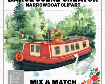 Watercolor Narrowboat Clipart: Barge Scene Builder PNG Set (Digital Download)