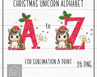 Christmas Unicorn Alphabet PNG Bundle – A–Z Sublimation Design Set – Sublimation Designs – ABC Letters PNG