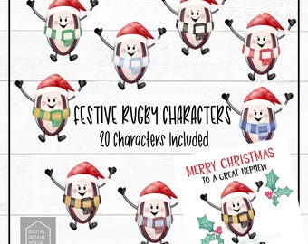 PNG-set kerstrugbypersonages: feestelijke voetbalkunst (digitale download)